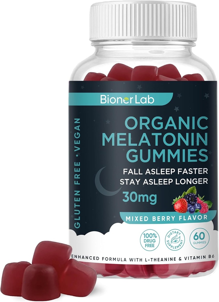 BionerLab Mélatonine Gommies (30mg) Enhanced with L-theanine & Vitamine B6 for Adulte Women Hommes - Extra Strength Chewables Calme Gommy - Sans gluten