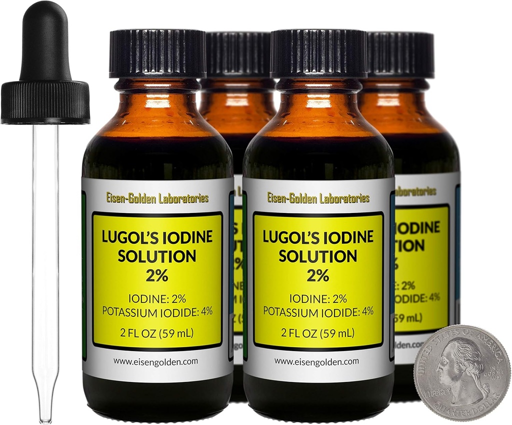 L'iode de Lugol / Solution de 2% / 8 Oz dans quatre bouteilles en verre ambre / gouttes libres / États-Unis