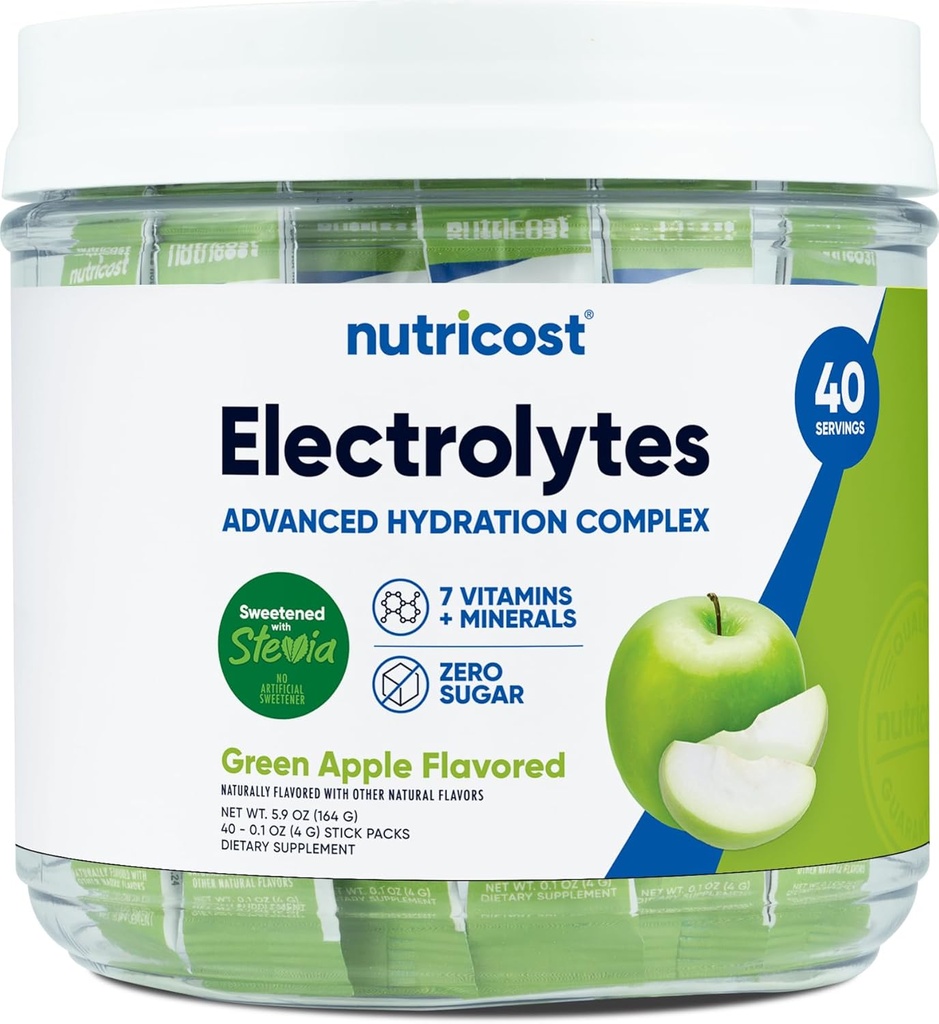 Complexe d'électrolytes Nutricost, Saveur pomme verte, 40 Stickpacks - Complexe d'hydratation avancé