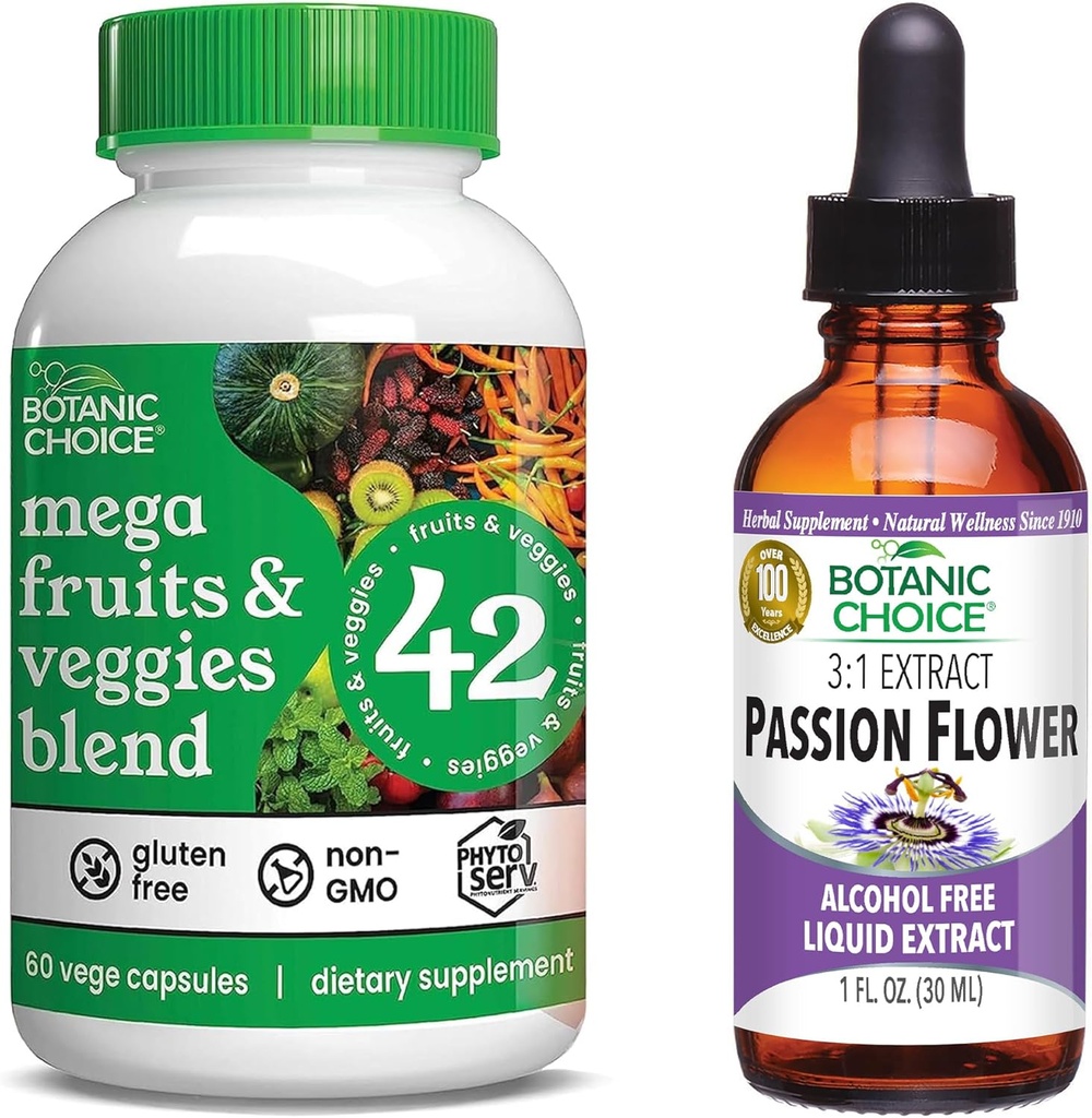 Choix botanique Mélange Mega Fruits et légumes (60 capsules) + Extrait de fleur de passion (1 fl oz) Bundle - Bilan énergétique et supplément super-alimentaire + support de relaxation