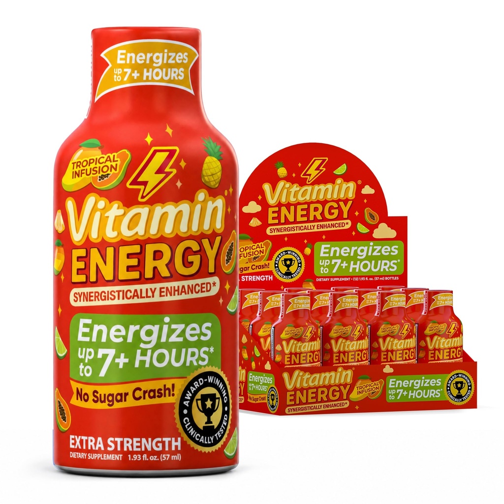 Vitamine Energy Immune+ Extra Strength Energy Shot Mango 12 Pack, 260mg Caféine naturelle, B-Vitamines, Citicoline, Thé vert, Immunity & Focus Support, Zéro sucre, Sans gluten 1,93 fl oz
