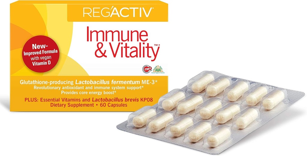 Reg'Activ Immune & Vitalité - Métabolisme Booster avec Lactobacillus fermentum ME-3 Probiotiques pour la santé digestive Gut suppléments de santé, avec Vitamines végétaliennes essentielles pour l'entretien de la santé immunitaire