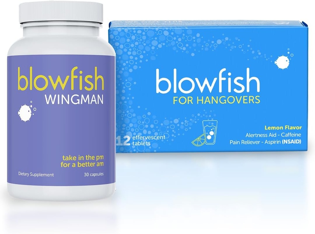 Système de gueule de bois de poisson: Pré-consommation de soutien + relief matinal pour une récupération améliorée – 12 comprimés effervescents et 30 pilules inclus