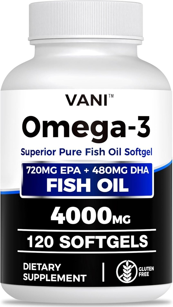 Huile de poisson Oméga 3 (4000mg), 120 Softgels, Oméga 3 suppléments acides gras avec EPA et DHA pour la santé du cerveau et du coeur*