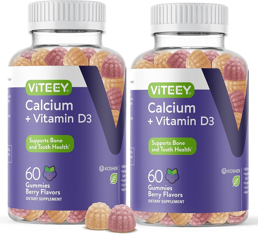 Gommies de calcium avec vitamine D3 - Soutient la santé des os et des dents - Gommies de calcium à croquer pour les femmes, les hommes et les adolescents - sans casher, sans gluten, sans OGM, sans gorgés, sans gorgés d'amandes de calcium