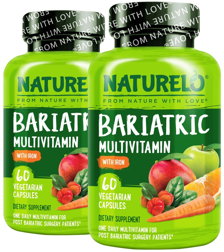 NATURELO Multivitamine bariatrique - Un jour avec le fer - Supplément pour les patients de la chirurgie de contournement gastrique - Nutrition naturelle des aliments entiers - 60 capsules de légumes (paquet de 2)