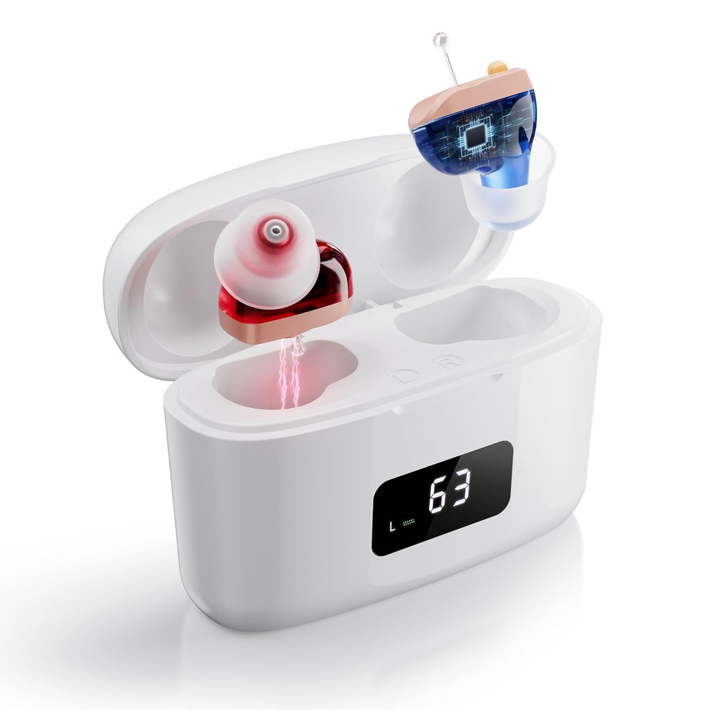 Aides auditives rechargeables pour les aînés avec rétroaction Annulation et réduction du bruit, amplificateur auditive invisible CIC, confortable pour toute la journée, gain 26dB, 3 modes avec affichage LED