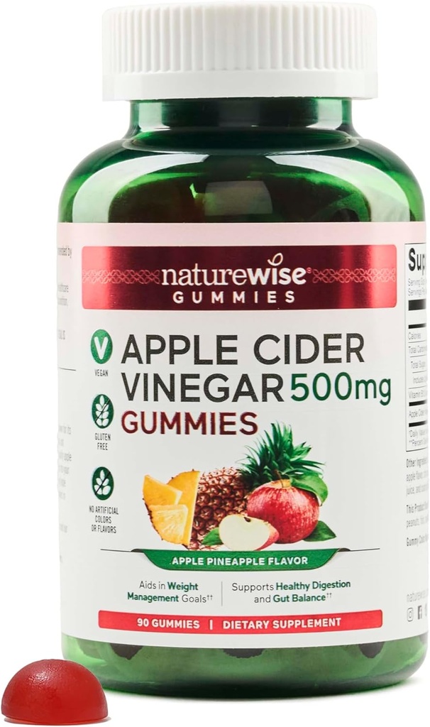 NatureWise Gommies de vinaigre de cidre de pomme - 1000mg de vinaigre de cidre par 2 + vitamine B12 - Vegan à base de pectine, sans gluten, sans OGM -90 Nombre[45 jours pour 1000mg ou 3 mois pour 500mg]