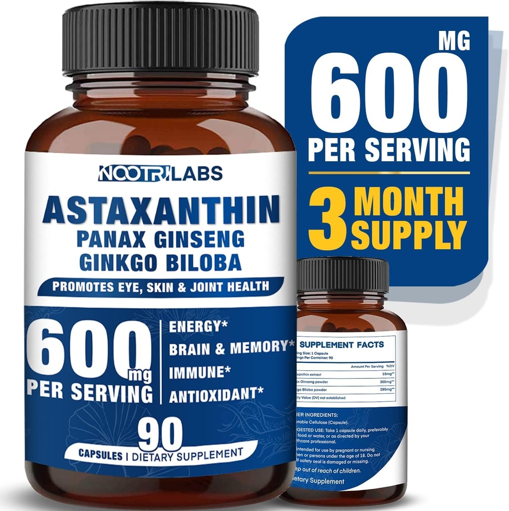 Astaxanthin 15mg + Panax Ginseng, Ginkgo Biloba Suppléments, 90 Capsules Vegan, favorise l'énergie pour la santé des yeux, le soutien cardiovasculaire + défense immunitaire et focus