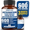 Astaxanthin 15mg + Panax Ginseng, Ginkgo Biloba Suppléments, 90 Capsules Vegan, favorise l'énergie pour la santé des yeux, le soutien cardiovasculaire + défense immunitaire et focus