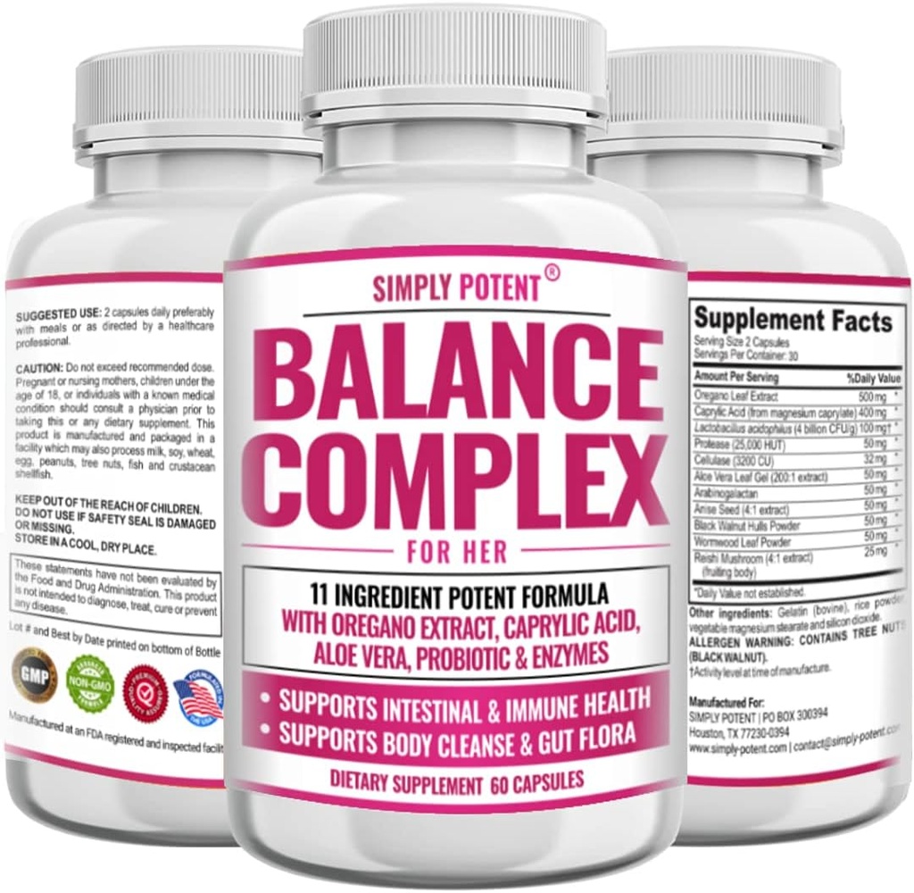 Complexe d'équilibre pour les femmes, Candida Cleanse & Vaginal Health Dietary Supplement, formule naturelle avec Origan, acide caprylique, Aloe, probiotiques et enzymes pour Gut & Immune Health Support, 60 Capsules