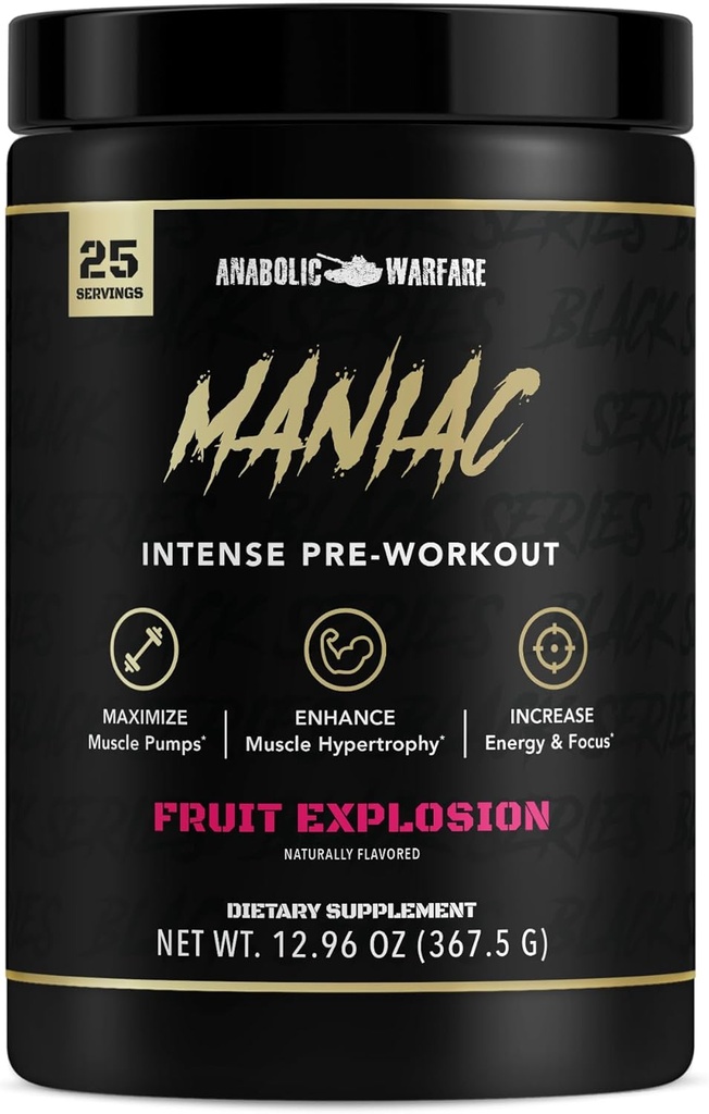 Anabolic Warfare Black Series Maniac, poudre pré-entraînement, soutient l'oxyde nitrique, les pompes musculaires et la synthèse des protéines* Explosion de fruits