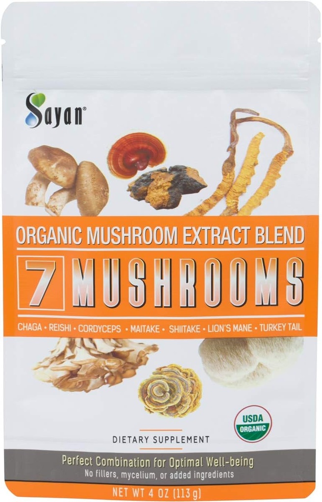 Sayan 7 Champignons Supplément de poudre d'extrait biologique USDA 4 oz / 113g - Chaga, Reishi, Cordyceps, Maitake, Shiitake, Lion's Mane and Turkey Tail, No Fillers, Ajouter au café ou au thé, Corps fruitier