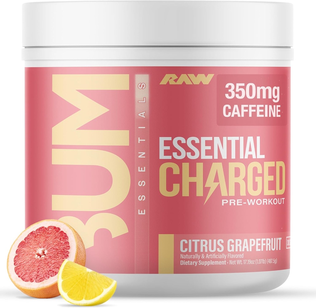 RAW poudre pré-entraînement, essentielle CHARGÉ (Pamplemousse Citrus) - Supplément pré-entraînement pour les hommes, les femmes - Soutiens Focus, Mood, Performance - Caféine, Alpha-GPC, L-Citrulline, Beta Alanine (25 portions)