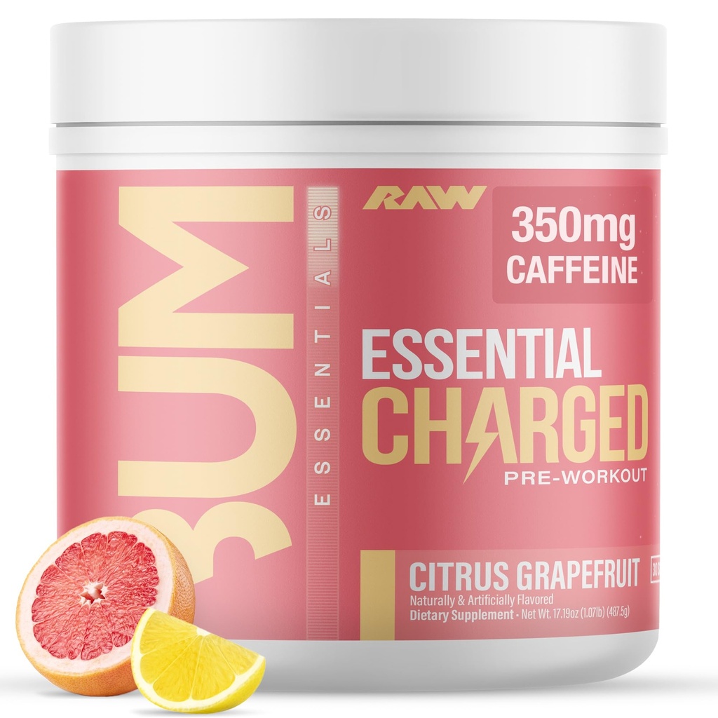 RAW poudre pré-entraînement, essentielle CHARGÉ (Pamplemousse Citrus) - Supplément pré-entraînement pour les hommes, les femmes - Soutiens Focus, Mood, Performance - Caféine, Alpha-GPC, L-Citrulline, Beta Alanine (25 portions)