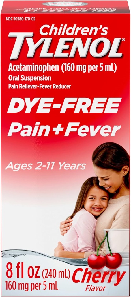 Children's Tylenol Liquid Pain Relief & Fever Medicine, Oral Suspension, Dye-Free, Acetaminophen, No Aspirin, No Ibuprofen, No High Fructose Corn Syrup; Cherry Flavor, 8 fl. oz.; Pack of 1