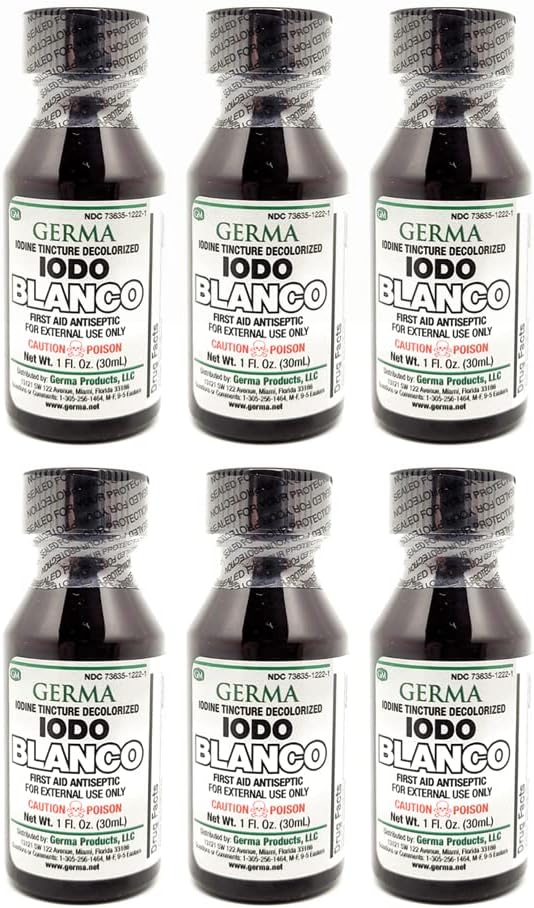Teinture d'iode blanche Germa. Antiseptique des premiers soins. pour les petites éraflures, coupures, ecchymoses et brûlures. Prévient l'infection cutanée. 1 oz. Boîte de 6