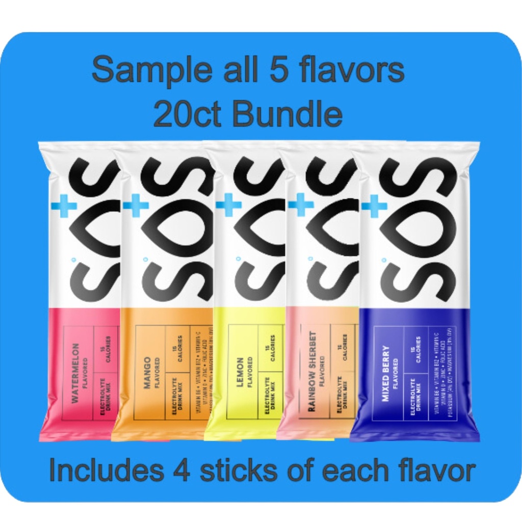 Hydratation SOS, Packs de poudre d'électrolyte – Basse-Calorie, Sucre faible, Réhydratation rapide, Fabriqué aux États-Unis, Keto & Vegan Friendly 5-Flavor Variety Pack, 20 Sticks