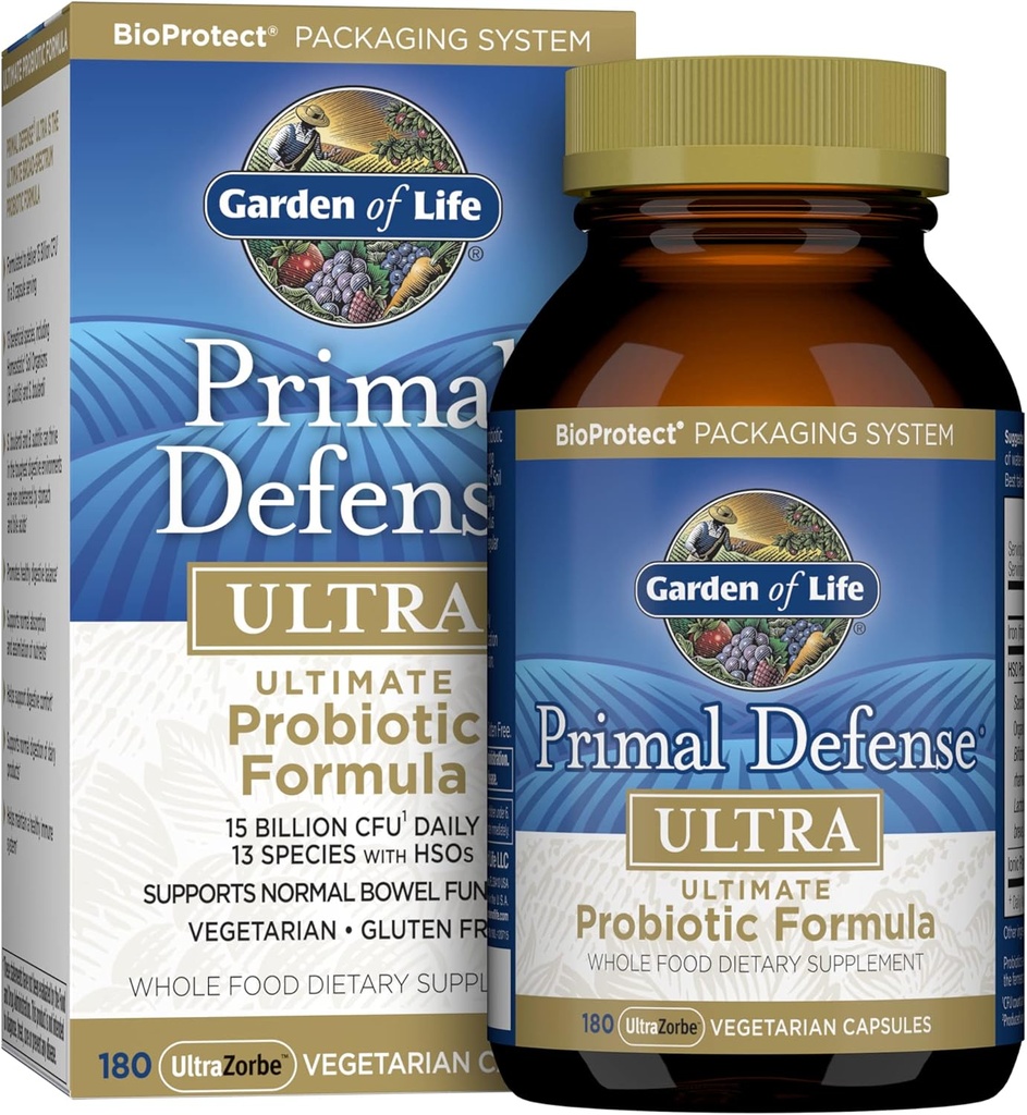 Jardin de la vie Probiotiques pour la santé digestive et l'équilibre de santé Gut, Primal Defense Ultra Ultimate Formule, 15 Million CFU et 13 Strains Plus HSO, Végétarien et sans gluten, 180 Capsules