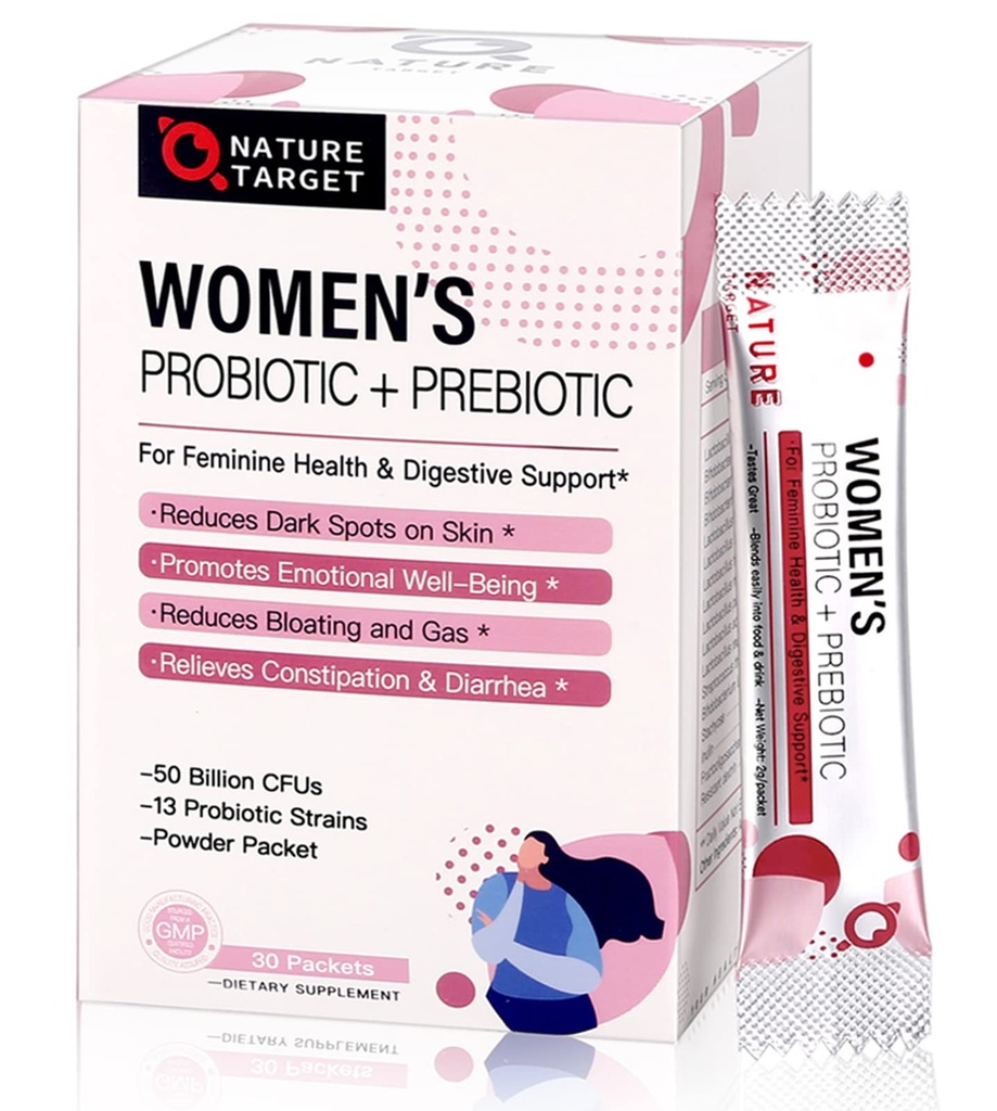 NATURE TARGET Probiotiques pour les femmes en poudre probiotique - 50 milliards d'UCF, 13 souches supportent la santé vaginale digestive, le soulagement du gonflement, 30 Stick Packs
