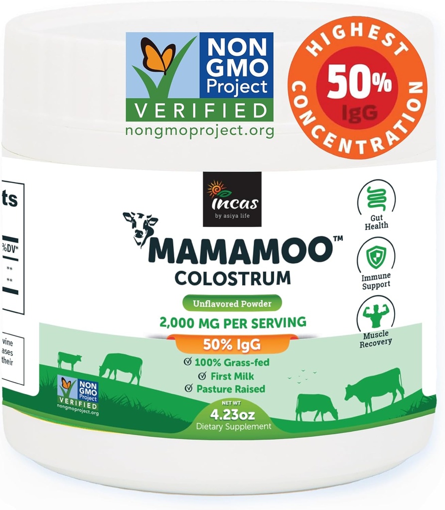 Poudre de colostrum MamaMooTM > 50 % IgG, herbe, première et seulement non OGM Vérifié, Gut Health Bloating Immunity, contient 400 éléments nutritifs bioactifs, laboratoire tiers testé, 60 portions (non aromatisées)