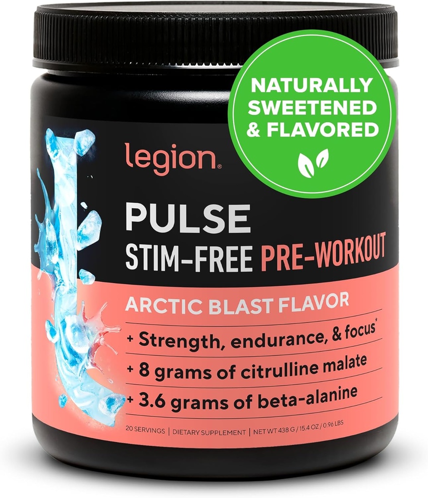 LÉGION Pulse Pre Workout Supplement - Toutes les boissons naturelles à oxyde nitrique pour stimuler l'énergie, sans créatine, naturellement sucrée, Beta Alanine, Citrulline, Alpha GPC (Caffeine Free Arctic Blast)