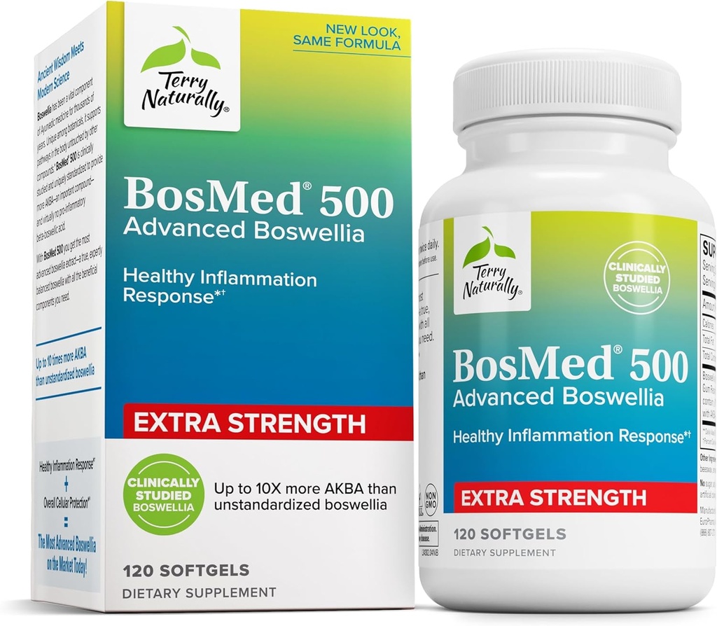 Terry naturellement BosMed 500 Extra Strength - Boswellia Serrata Extract Supplement - Supplément pour un soutien pulmonaire sain - Formule de supplément à base de plantes avec des niveaux élevés d'AKBA - 120 Softgels