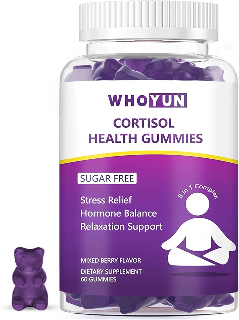 Supplément de cortisol Gummies pour les femmes, Cortisol inférieur avec Phosphatidylserine Ashwagandha Magnésium, Soulagement du stress, Sans sucre végétalien, 60 Compte