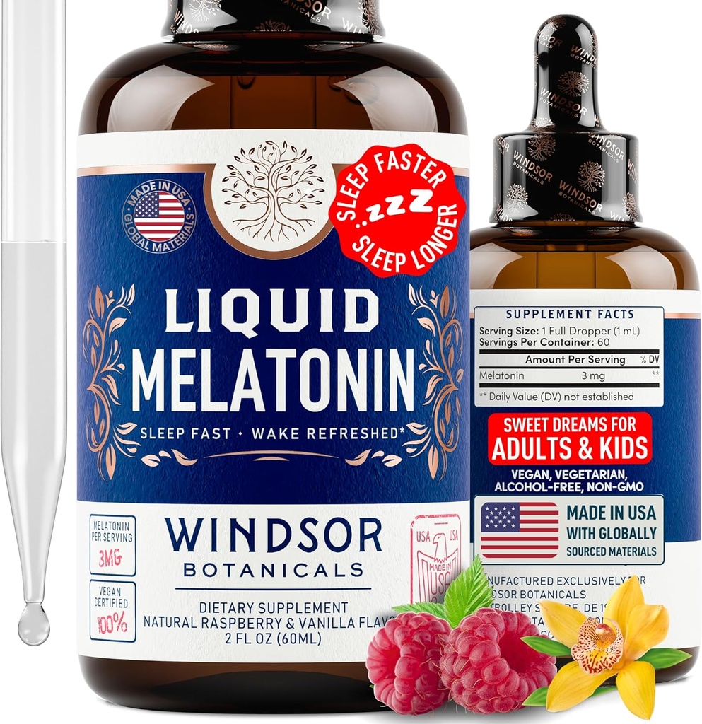 Melatonine liquide pour adultes et enfants 6 ans de plus - 3mg Melatonine gouttes Extra-fort Aide au sommeil liquide - Absorbtion rapide, framboise Vanilla Flavor Melatonine - 2oz, 2-Mois, Fabriqué aux États-Unis