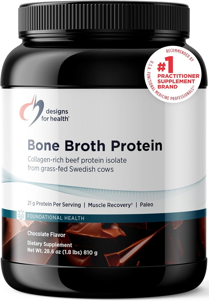 Designs for Health Bone Broth Protein Powder – 21g Herb-Fed, Collagen-Rich Protein Protein Isolate - Chocolat, Paléo, Non-OGM, Sans Lait (30 portions / 810g)