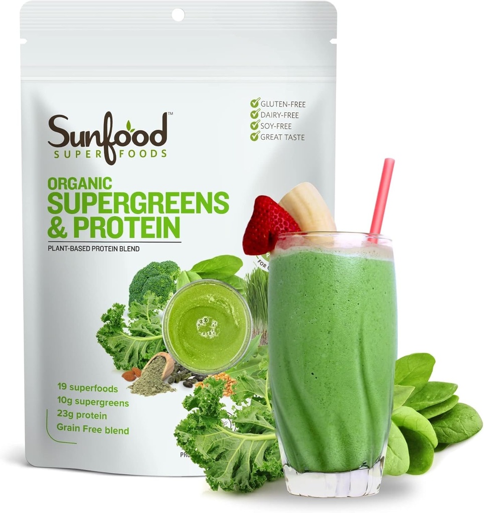 Sunfood Organic Supergreens & Protein - Greens Superfood Powder, Organic Protein Powder, Plant Based Vegan Protein, Super Greens for Gut Health w/Chlorella & Spirulina, 23g Protein Per Serving - 8 oz