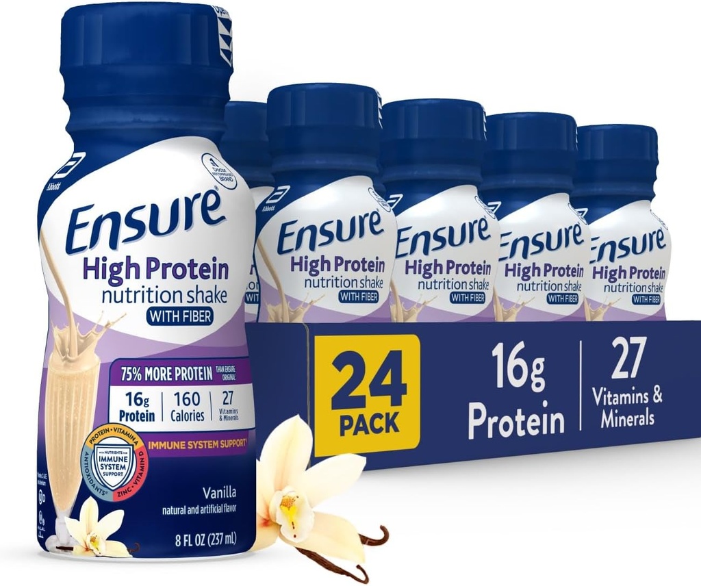 Ensure High Protein Vanilla Nutrition Shake with Fiber, Ready to Drink, 16g Protein and 27 Vitamins and Minerals, 8 fl oz, 24 Pack