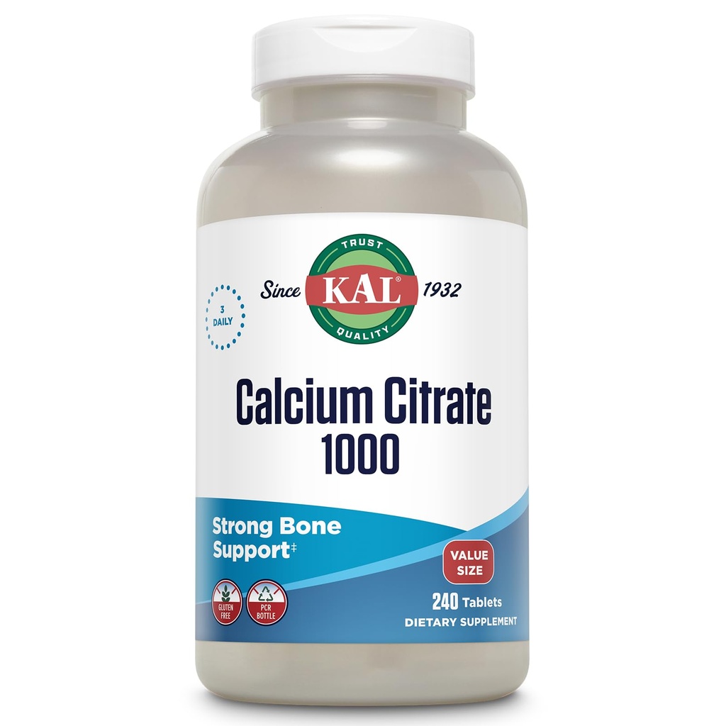 KAL Citrate de calcium 1000mg, Suppléments de calcium pour les femmes et les hommes, Santé des os, Dents, Support du système nerveux, musculaire et cardiovasculaire, sans gluten et vérifié en laboratoire, 80 portions, 240 comprimés