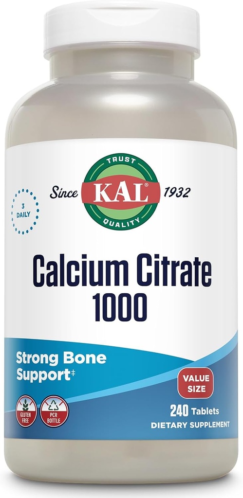 KAL Citrate de calcium 1000mg, Suppléments de calcium pour les femmes et les hommes, Santé des os, Dents, Support du système nerveux, musculaire et cardiovasculaire, sans gluten et vérifié en laboratoire, 80 portions, 240 comprimés