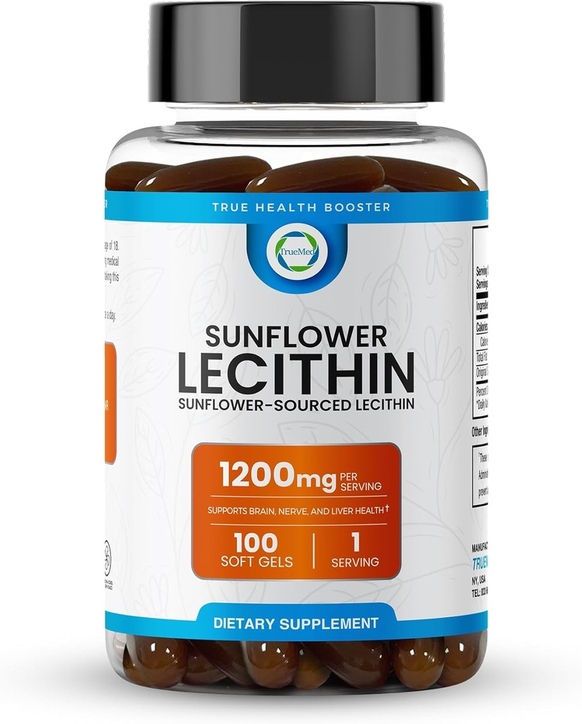 Lécithine de tournesol 1200 MG 100 Softgels, 100 jours d'approvisionnement garanti Pure, non-OGM, sans soja, soutient le cerveau, le cœur, le nerf, la santé du foie, la fonction cognitive, le cholestérol sain, formule d'absorption élevée