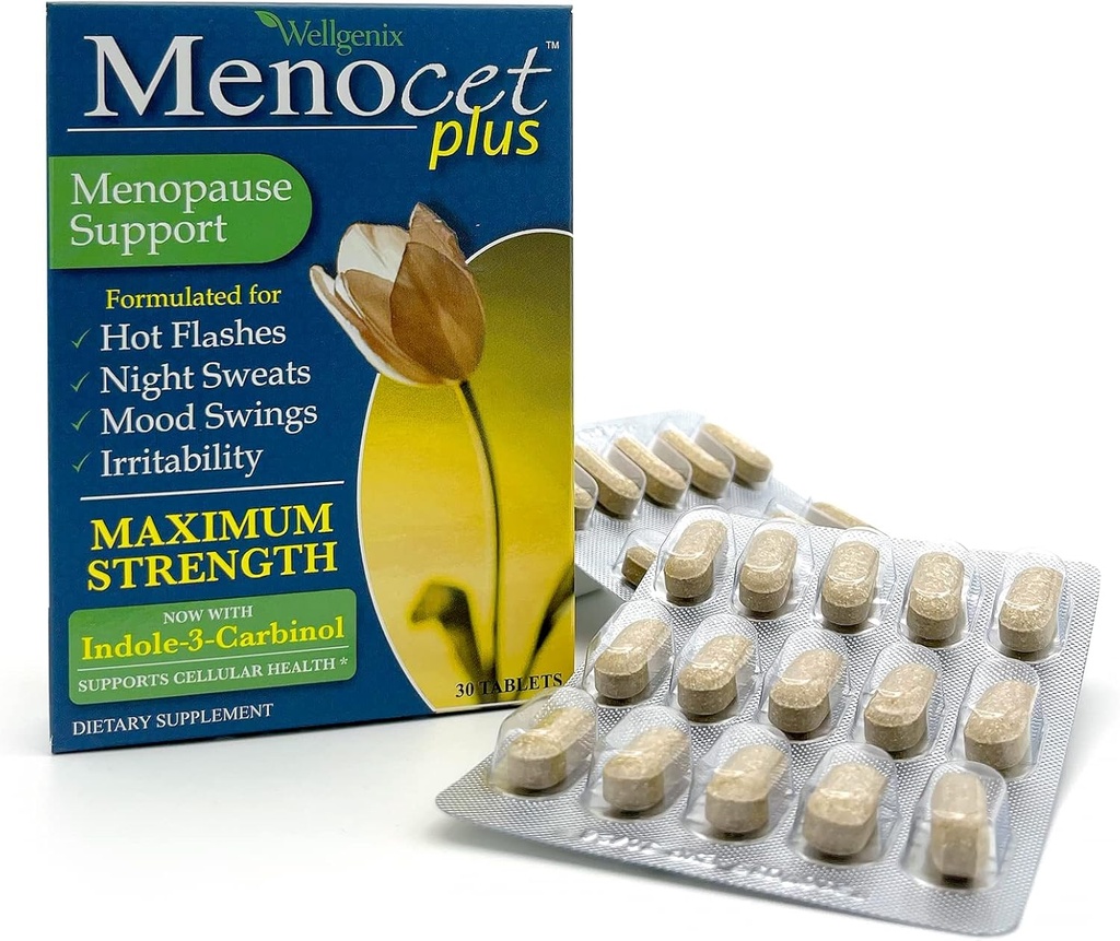 Wellgenix Menocet Plus Menopause Support - Natural Supplement for Women - Daily Relief Feminine Care - Helps with Hot Flashes, Night Sweats, Mood Swings & Irritability - 30 Tablets
