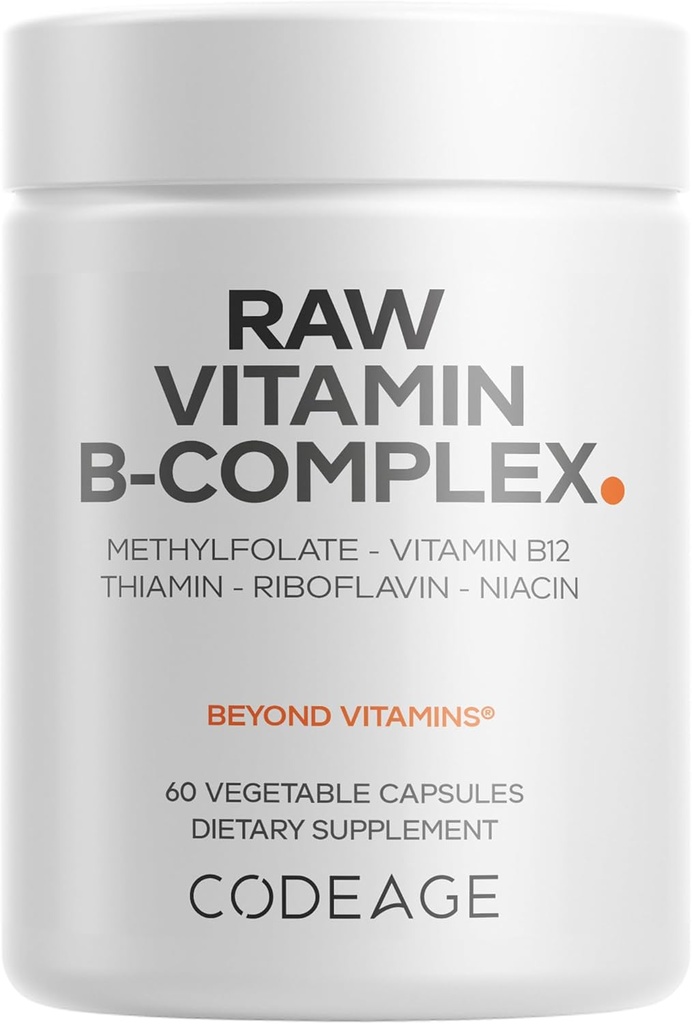 Supplément de complexe de vitamine B brute - Vitamines B essentielles avec probiotiques, enzymes digestives, fruits et légumes - Approvisionnement en 2 mois - Méthylfolate - Biotine - Vitamine B12 - Non-OGM - 60 capsules