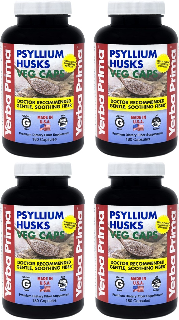 Yerba Prima Psyllium Husks Veg Caps - 180 Compte (paquet de 4) - Vegan, non-OGM, sans gluten, Colon Cleanser, supplément de fibre quotidienne pour la santé et la régularité Gut