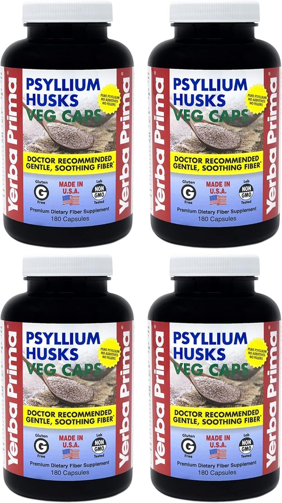 Yerba Prima Psyllium Husks Veg Caps - 180 Compte (paquet de 4) - Vegan, non-OGM, sans gluten, Colon Cleanser, supplément de fibre quotidienne pour la santé et la régularité Gut