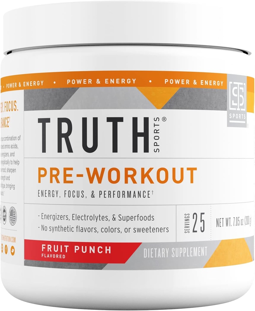 Truth Nutrition Pre Workout Powder - Préentraînement naturel pour les hommes et les femmes, Vegan BCAA Amino Energy Powder, Keto Friendly - Pas d'arômes artificiels, sucrés ou colorants (Fruit Punch)