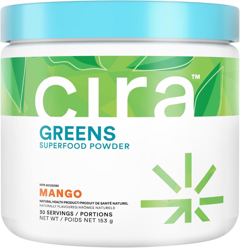 Cira Daily Greens - Poudre de spiruline biologique sucrée naturellement avec des ingrédients de qualité supérieure, antioxydants-rich pour les ballonnements, la digestion et l'énergie - Mangue, 30 portions