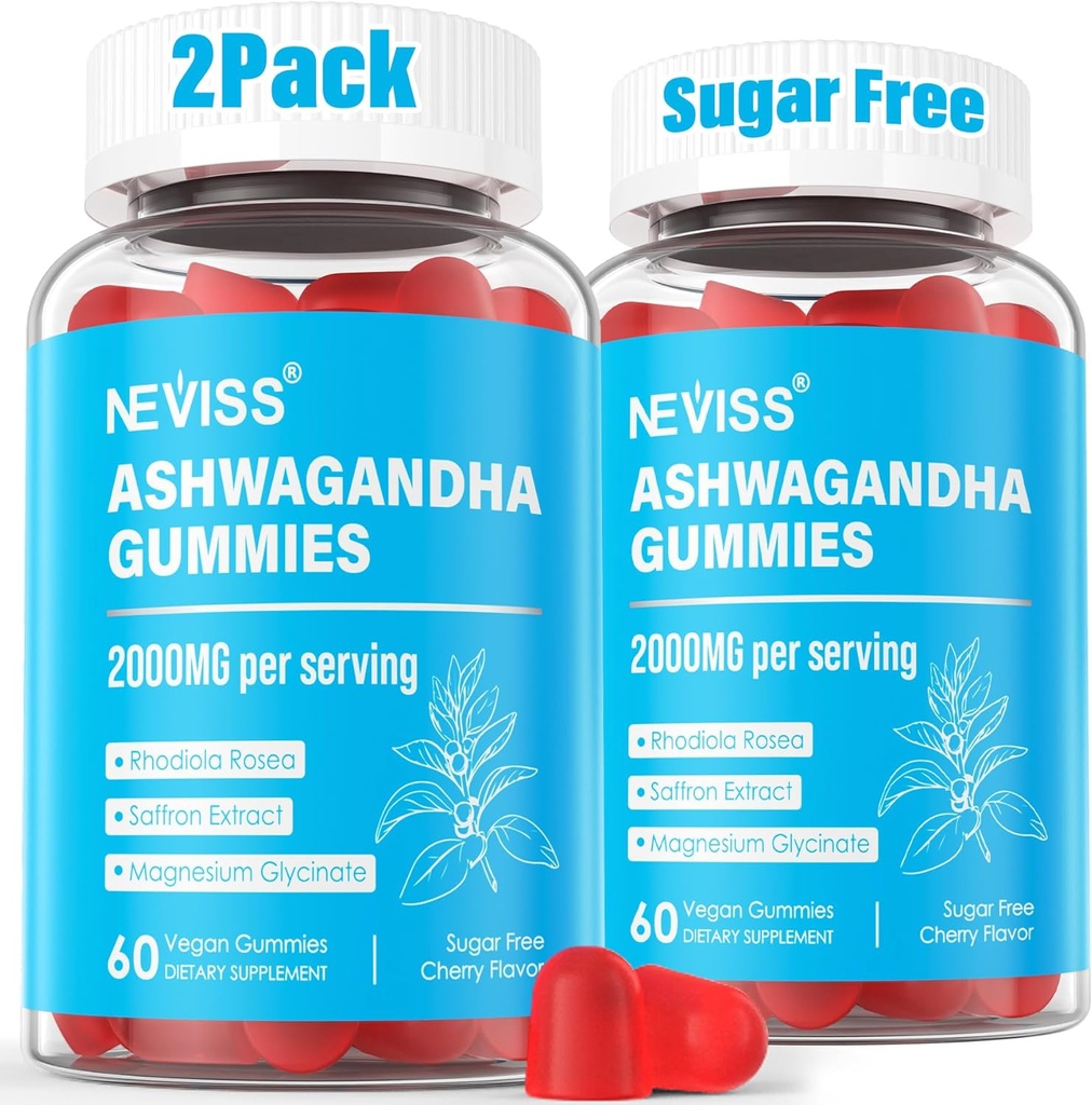 Gummies Ashwagandha, Glycinat de magnésium 2000mg pour les adultes, Vitamine B6, zinc, Rhodiola Rosea, Baume de citron, Soutien à la relaxation, Zzz naturel, Cerveau, Muscle, Stamine, Énergie, Sans sucre