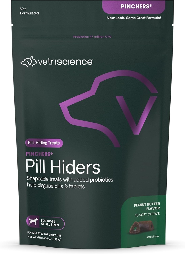 VÉTRISCIENCE Pinchers Pill Hiders Chews, Pill Wrap Non-Greasy avec Probiotiques pour chiens, Disguise les petites pilules, capsules et comprimés, Soft and Chewy, Gut and Immune Support, Peanut Butter, 45 Compte