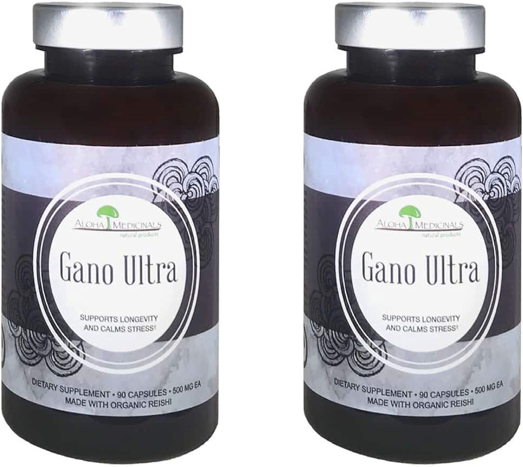 Aloha Medicinals Gano Ultra, Certified Organic Mushroom Supplement, Natural Health Supplement, Pack of 2, 90 Capsules Each