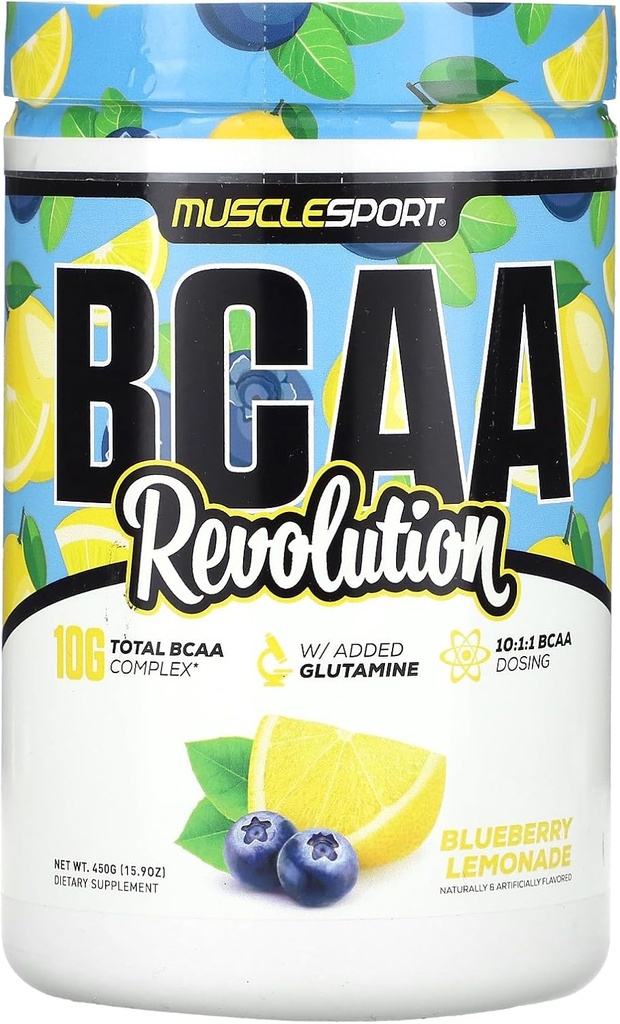 Musclesport BCAA Revolution Amino Acid Powder Supplement for Men & Women - Intra Workout Training Complex - Supplément de récupération (Lémonade de bleuets, 30 portions)