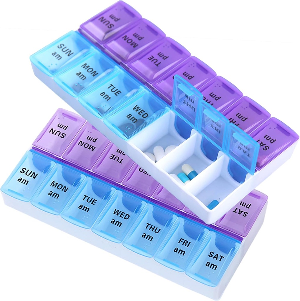 Organisateur hebdomadaire de pilules 2 fois par jour Boîte à pilules Grande capacité AM PM Conteneur de médicaments Huiles de poisson Support de supplément de pilules vitaminiques (2 PCS)