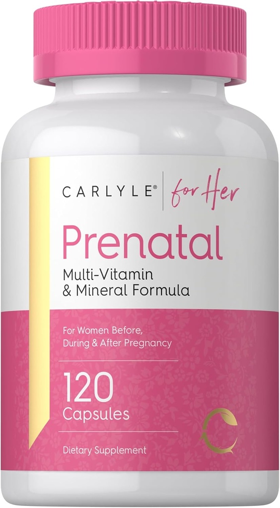 Carlyle Vitamines prénatales pour femmes $ 120 Capsules $ Multivitamine et formule minérale avec acide folique $ Non-OGM et supplément sans gluten $ pour elle
