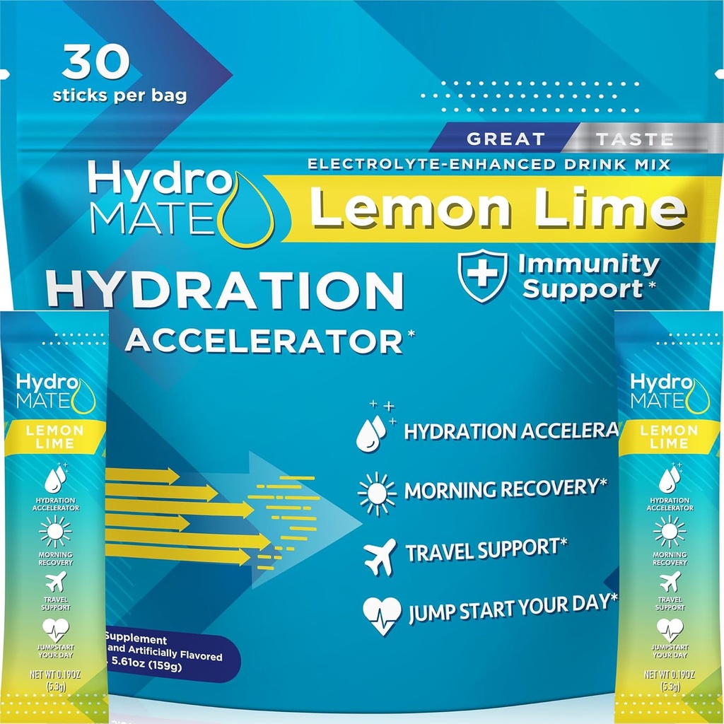 HydroMATE Poudre d'électrolyte Limon Lime Packs d'hydratation Sucre faible 30 Compte