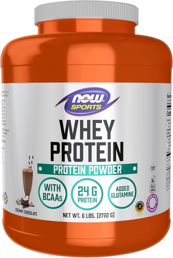 NOW Foods Sports Nutrition, Whey Protein, 24 g With BCAAs, Creamy Chocolate Powder, 6-Pound
