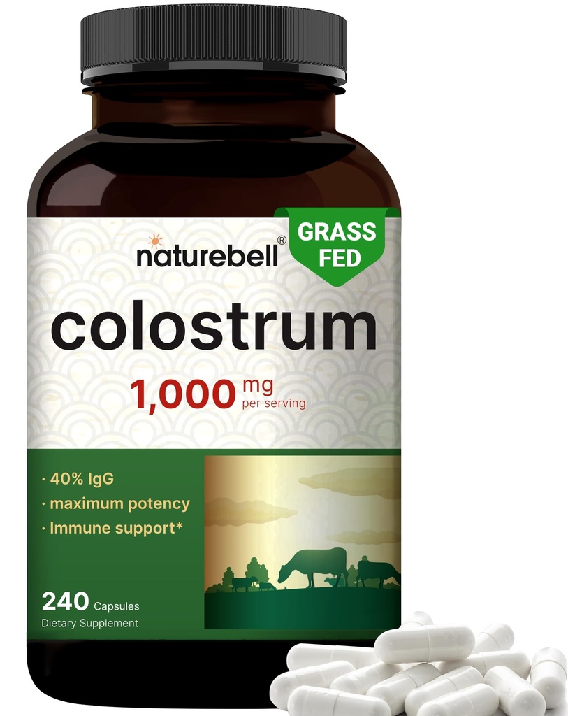 NatureBell Bovine Colostrum Supplément 1000mg par portion, 240 Capsules.40% IgG Colostrum Poudre pour Gut Health, Bloating, Peau, Cheveux & Immune Support – Non-OGM